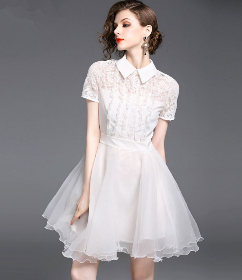 Summer Women White Lace Slim High Waist Big Put A Word Peng Peng Skirt Party Small Dress Female