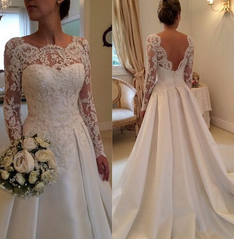 New Lace White Long Sleeves Hollow Back Wedding Dress Retro Tail ...